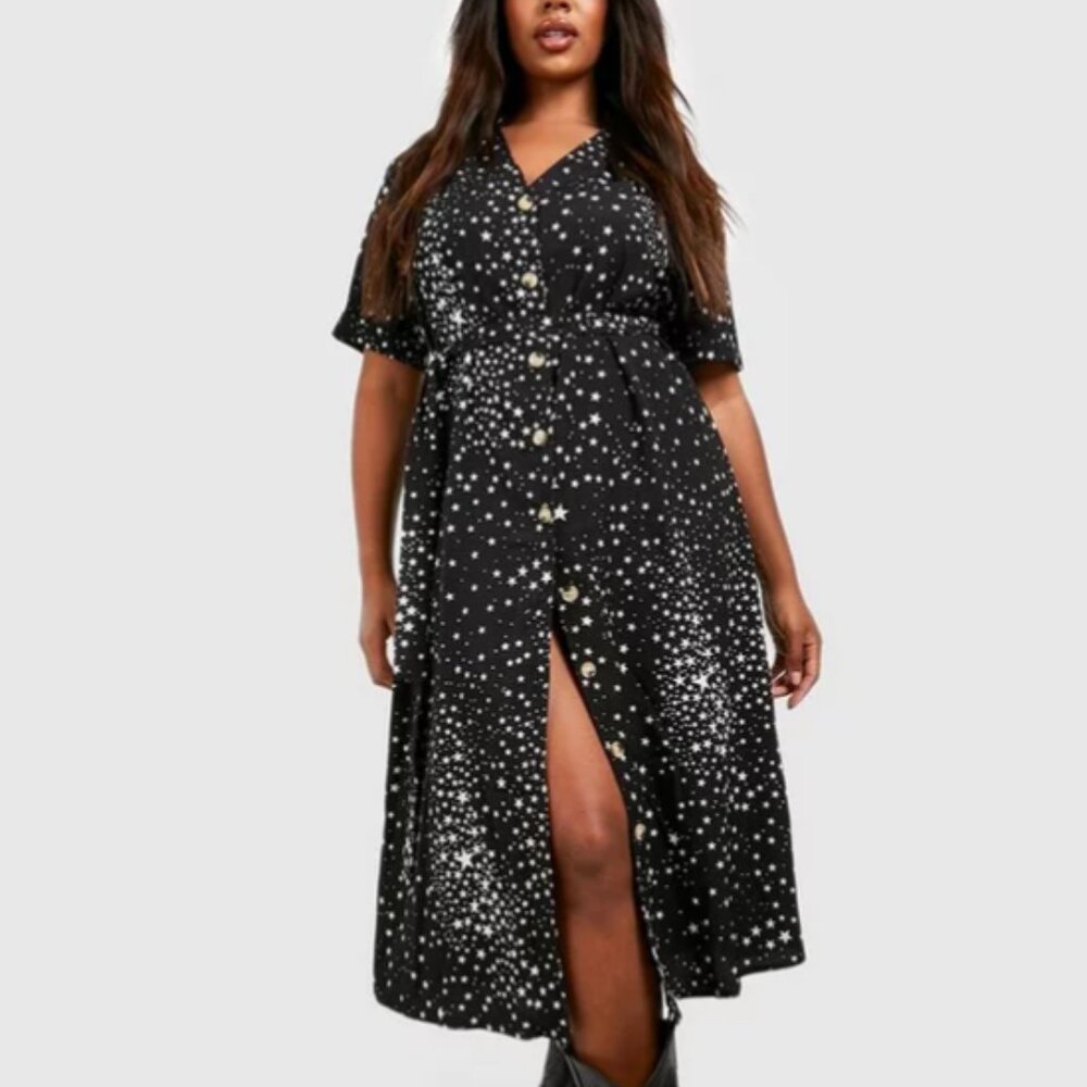 Boohoo Plus Star Print Button Detail Midi Dress